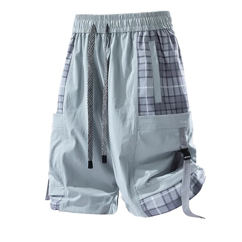 Men's loose-fit cargo shorts with plaid stitching detail in black, grey, or smoky grey.