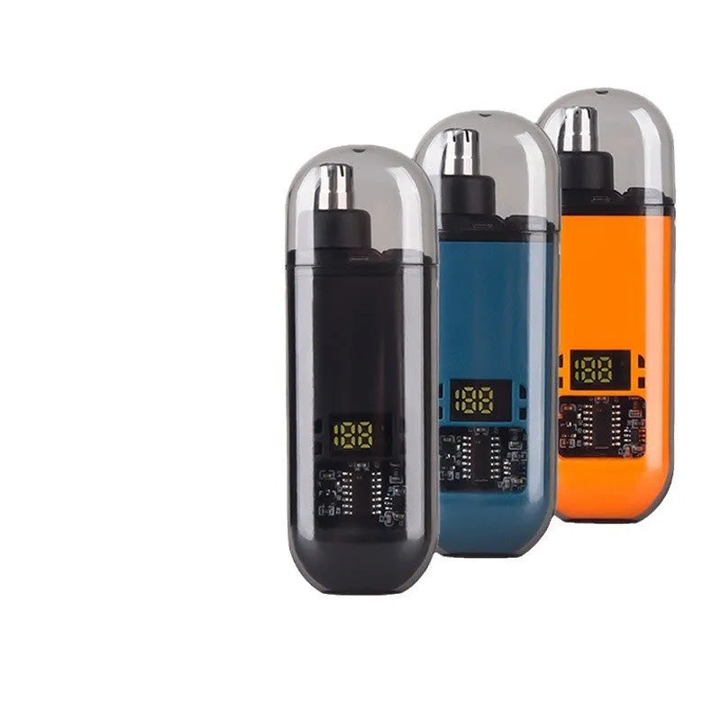 Rechargeable nose hair trimmer with digital display showing black, blue and orange colour options