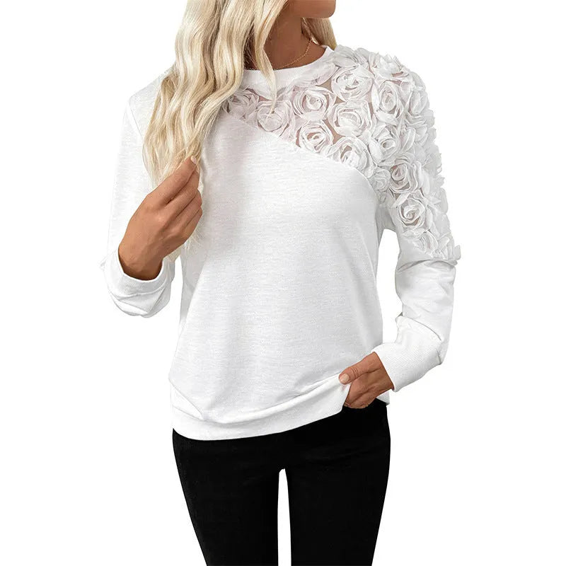 Women's white floral print long sleeve loose fit polyester pullover top