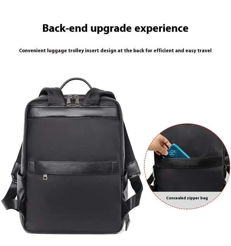 Men's black genuine leather computer backpack with weaving detail and large 36-55L capacity.