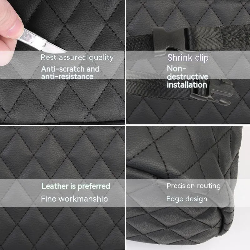 Leather hanging storage bag for car interior, shown in black, mounted on a car seat.