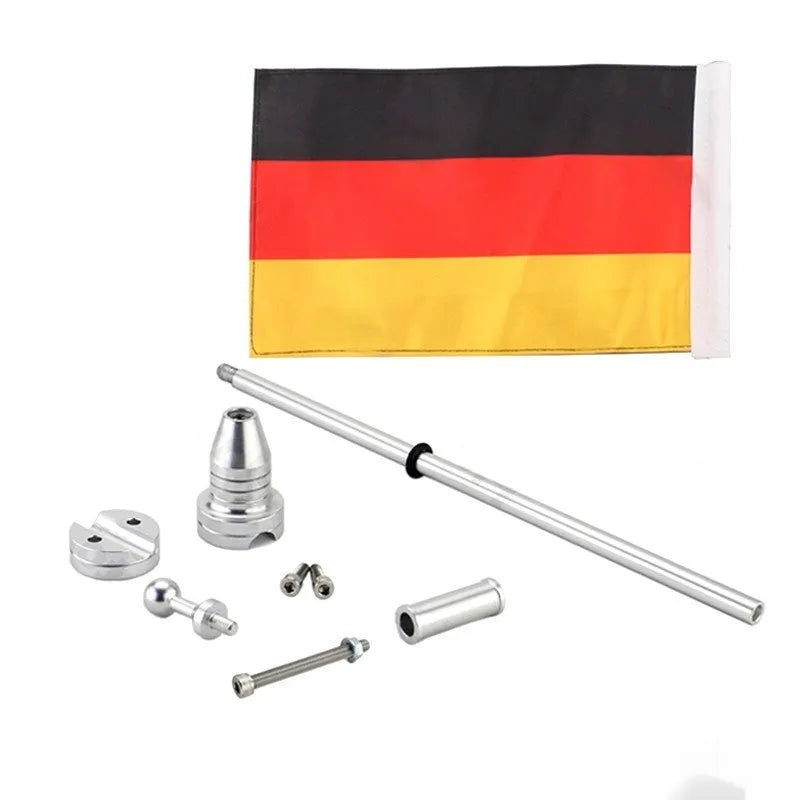 Motorcycle luggage rack flagpole mount in black and silver finish options