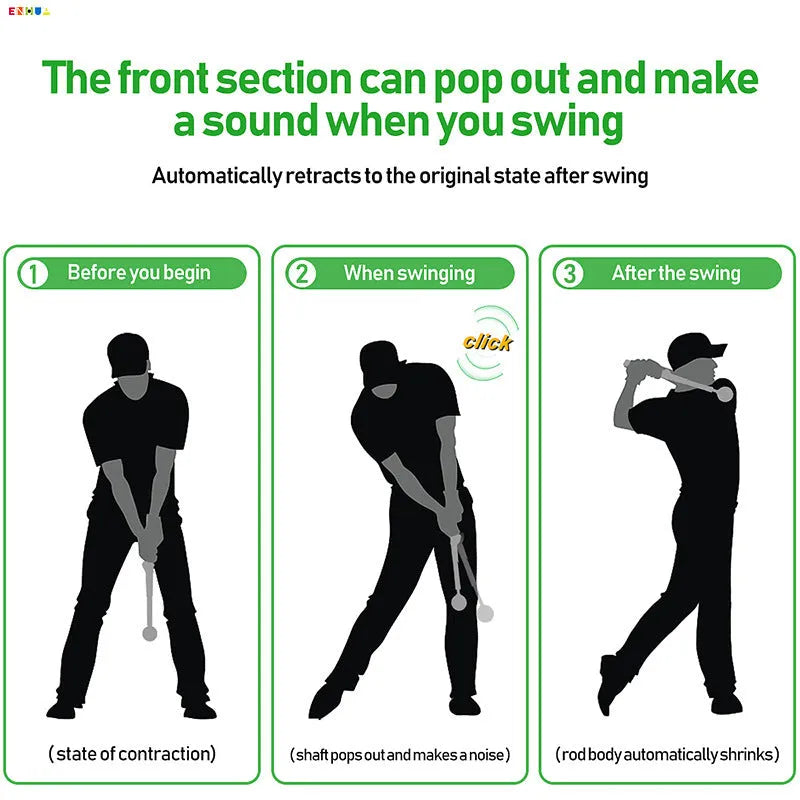 Telescopic golf swing simulator in stainless steel, shown in black, blue, and red colour options.