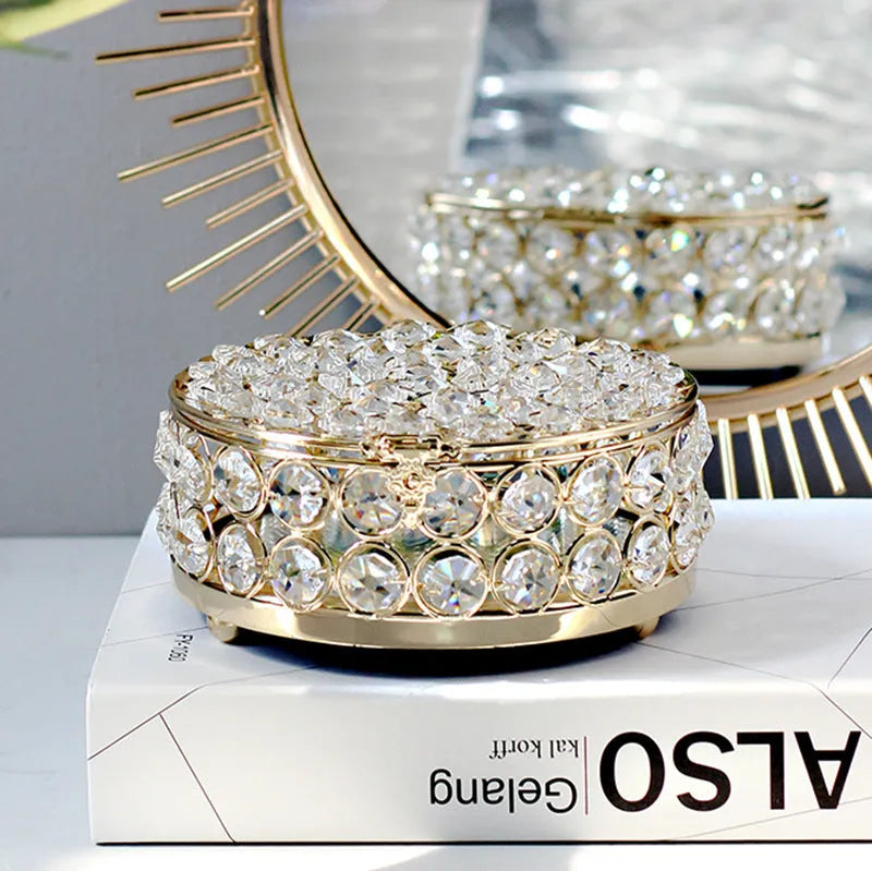 Transparent crystal glass jewellery box with French gold metal accents in European style design