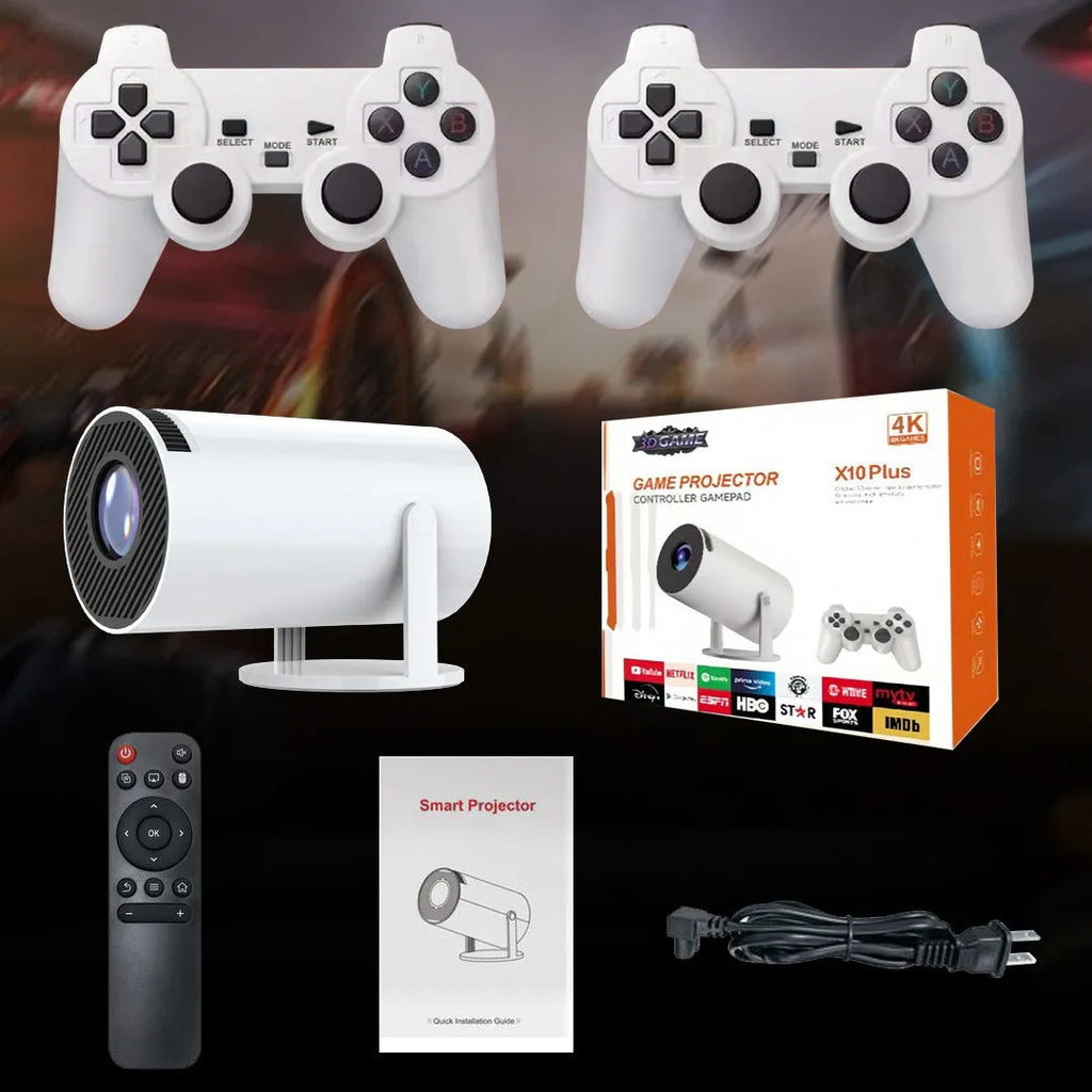 White X10 PLUS portable home smart projector with gamepad and remote control on table