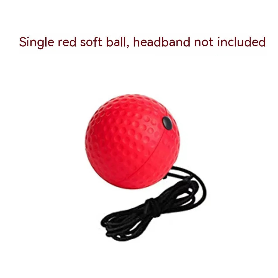 Head-mounted boxing reaction training ball with adjustable headband and red PU soft ball.