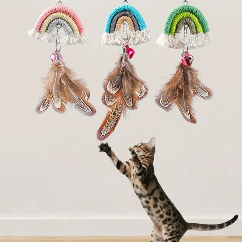 Feather cat rope door swing toy with elastic cord and sticky buckle clamp in multiple colours