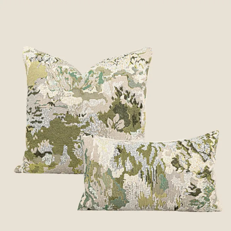 Green abstract floral pattern decorative pillow cover with French antique style, shown in square and rectangular sizes.