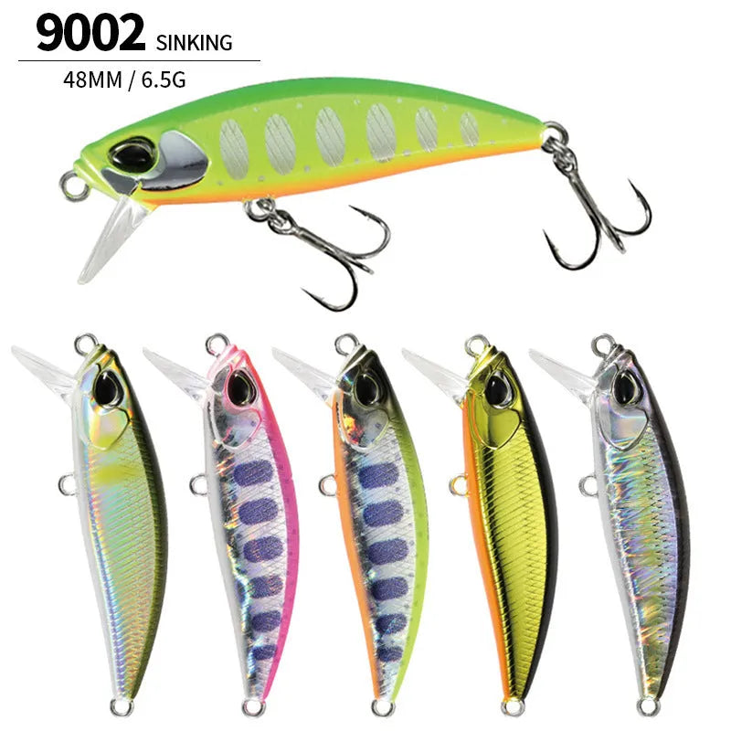 Japanese submerged mino fishing lure, 48mm long, in one of fourteen colour options A through N.