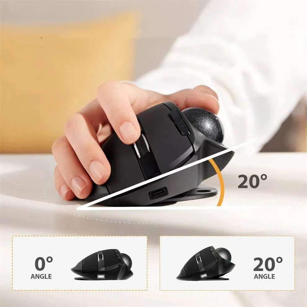Black wireless trackball mouse, rechargeable 2.4G Bluetooth dual-mode, 13x20x6cm, 2400 optical resolution
