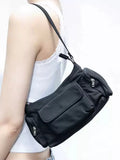 Black lightweight PU women's shoulder bag with double pockets and side-line detailing