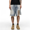 Men's light blue baggy denim shorts with wide legs and retro washed colour.