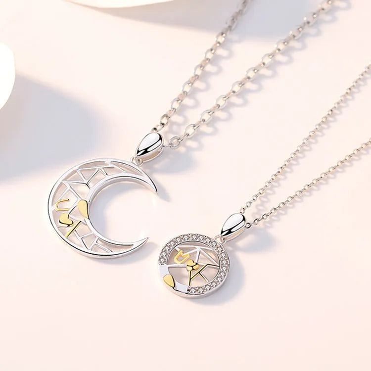 Sun moon copper couple necklace with cross chain and electroplated finish