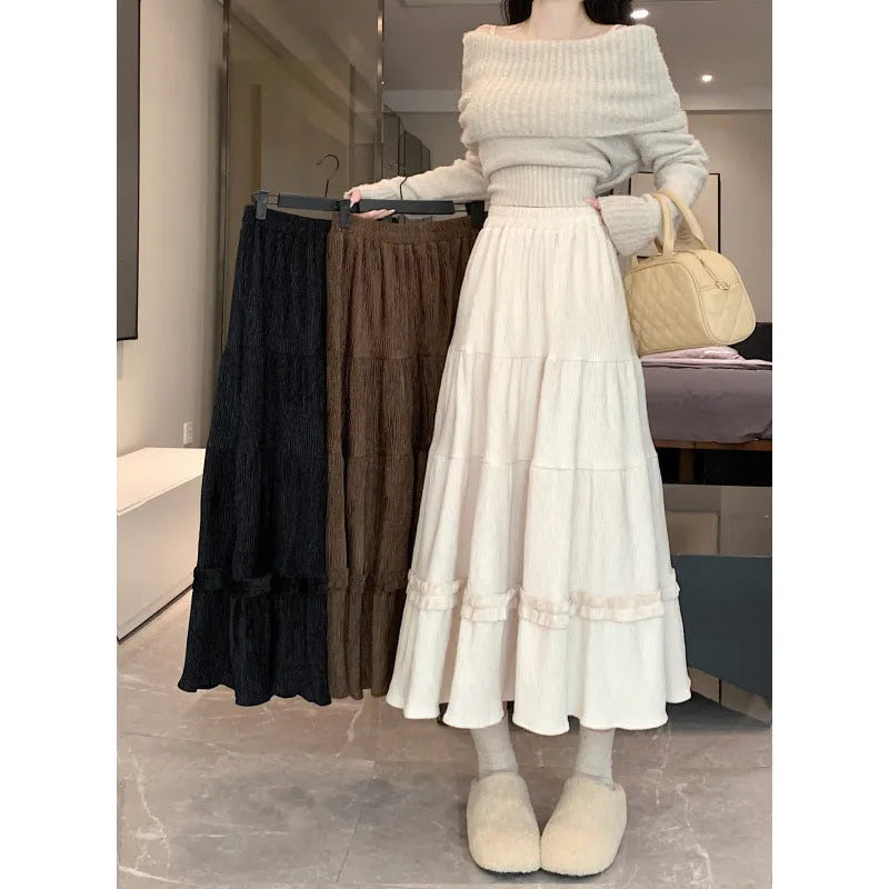Women's beige corduroy A-line midi skirt with elastic waistband Korean style solid colour