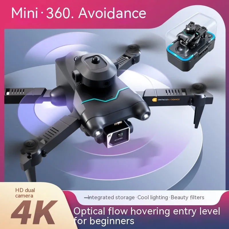 Black four-axis obstacle avoidance drone with mini design under 30cm, shown with dual camera configuration.