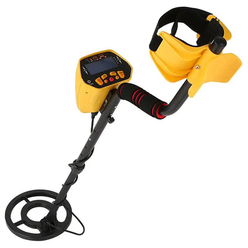GC1028 black and yellow professional metal detector with LCD display and waterproof search coil on adjustable pole.