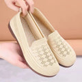 Women's beige mesh tennis shoes with round toe and anti-slip soles for elderly wide feet