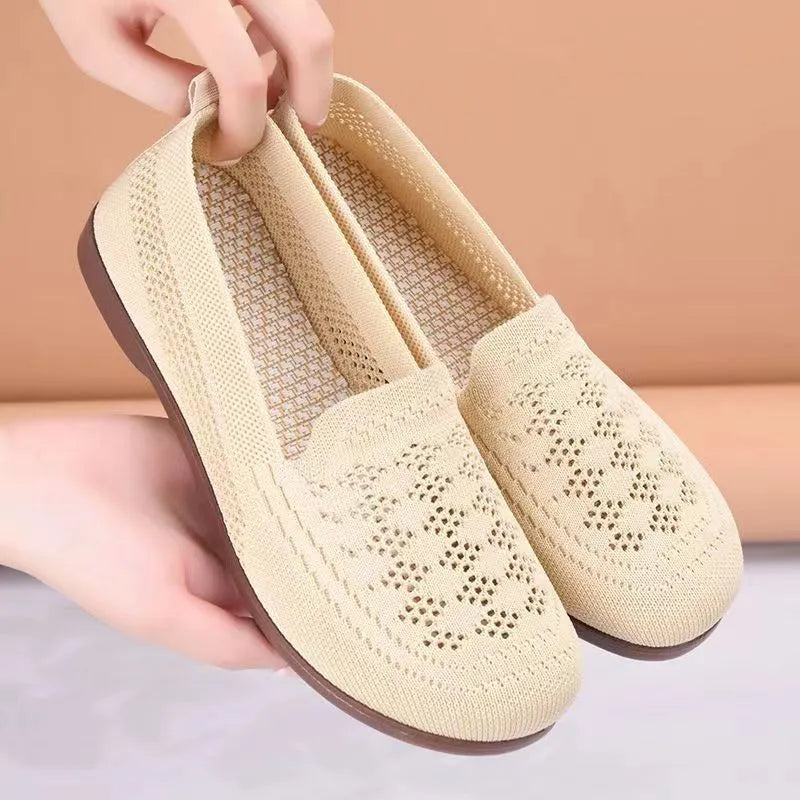 Women's beige mesh tennis shoes with round toe and anti-slip soles for elderly wide feet