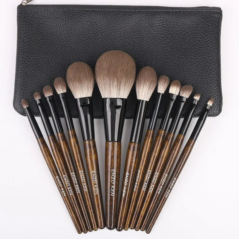 12-piece makeup brush set with wooden handles and PU storage bag