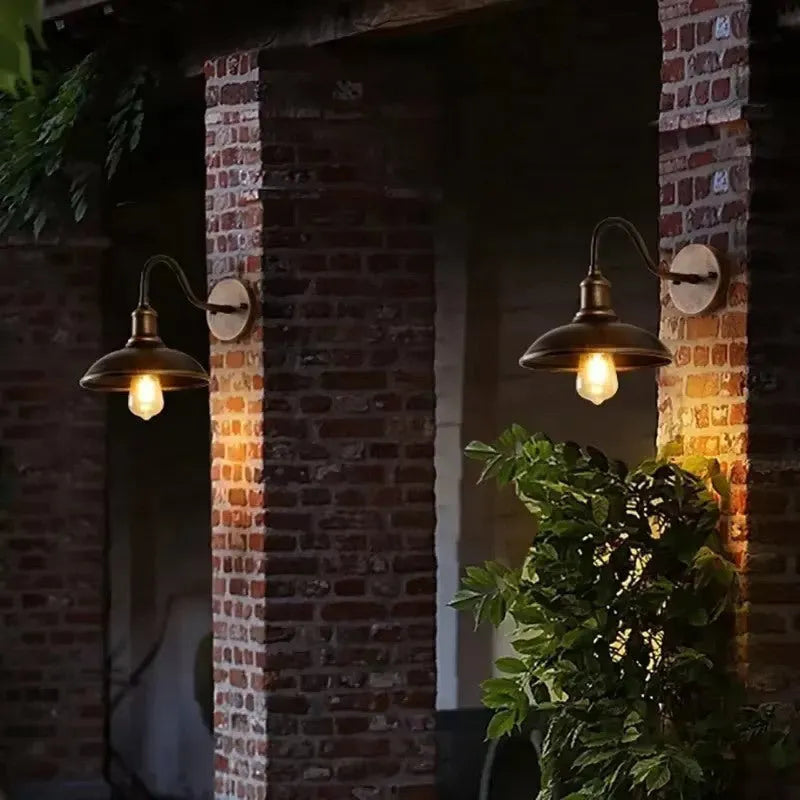 Retro style villa courtyard wall lamp in copper and silver finishes showing right angle and oblique angle mounting styles.