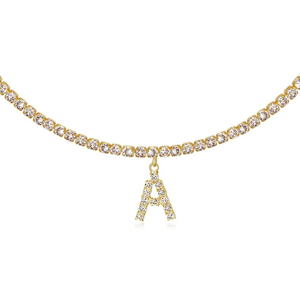 A-Z rhinestone letter necklace with alloy claw chain in gold or silver colour options
