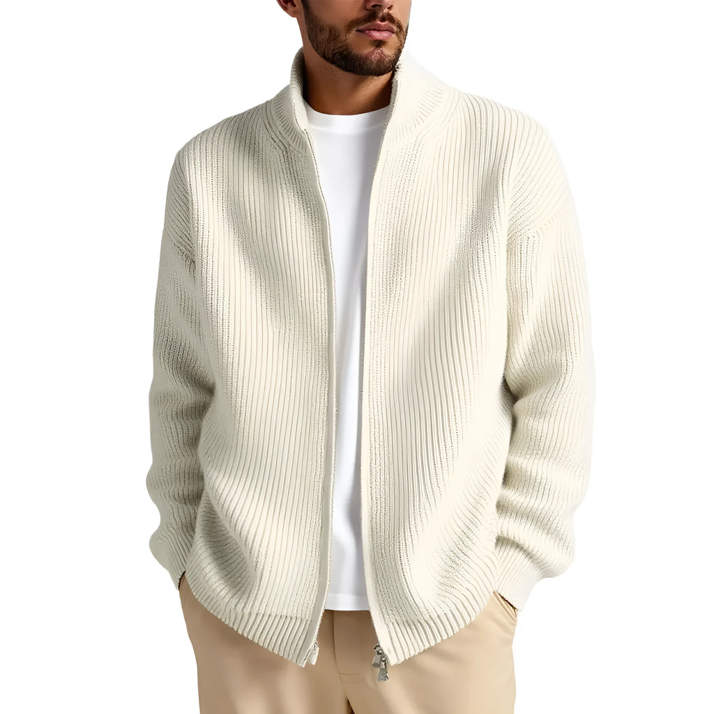 Loose fit men's cardigan sweater in an acrylic blend fabric on a hanger