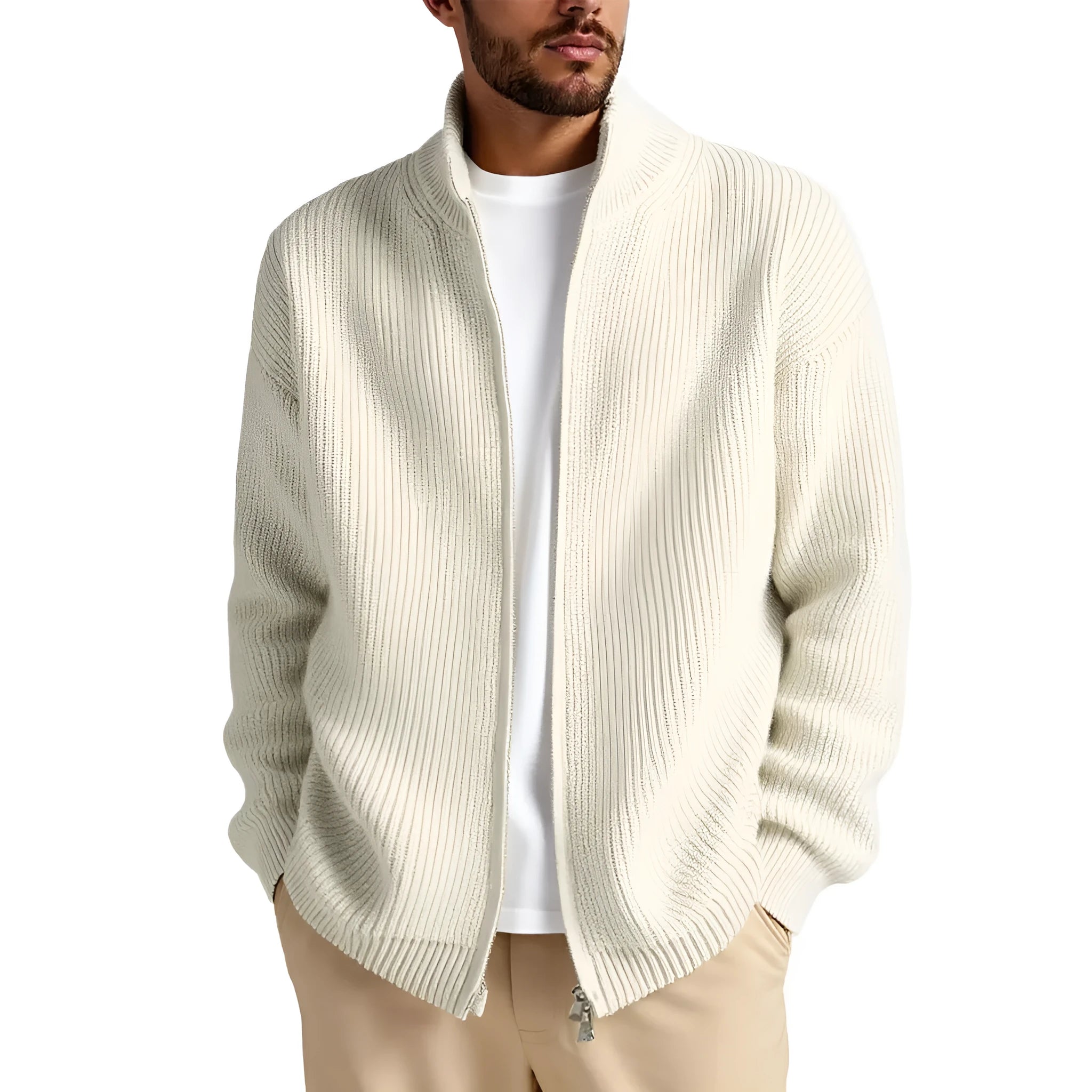 Loose fit men's cardigan sweater in an acrylic blend fabric on a hanger