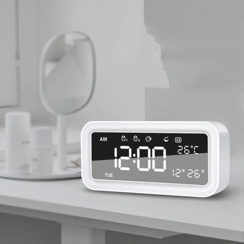 Rectangular American style LED alarm clock with multicoloured atmosphere lighting and digital display