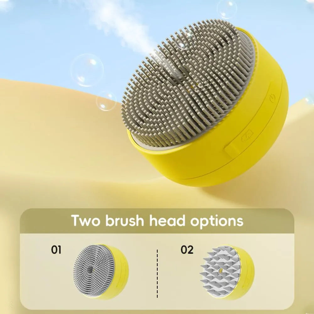 Green rechargeable cat steam brush with silicone bristles on a white background