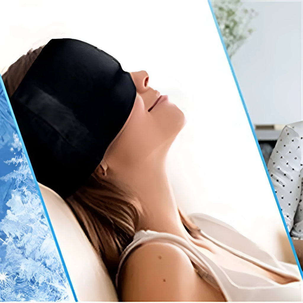 Elastic cloth gel eye mask for headache relief in black pink or sky blue with adjustable fit