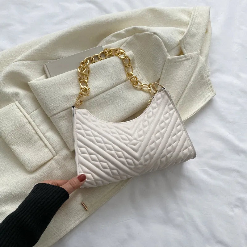 Brown PU pleated chain baguette shoulder bag showing vertical square shape with sewing line detailing