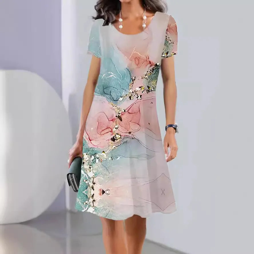 Light blue summer dress with floral print, A-line mid-length skirt, round neck and short sleeves