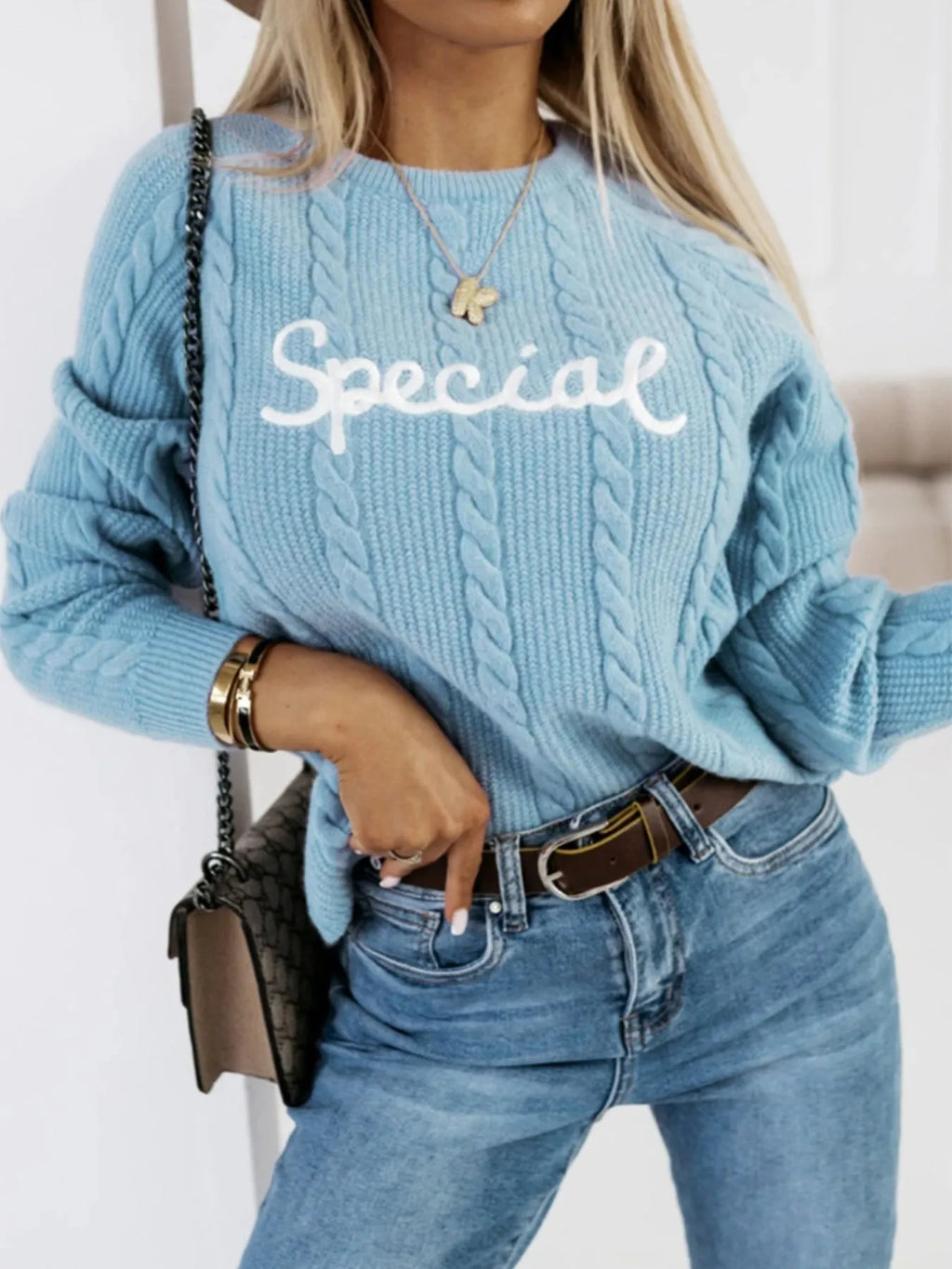 Blue leisure pullover sweater with embroidered letters text pattern crew neck street fashion style