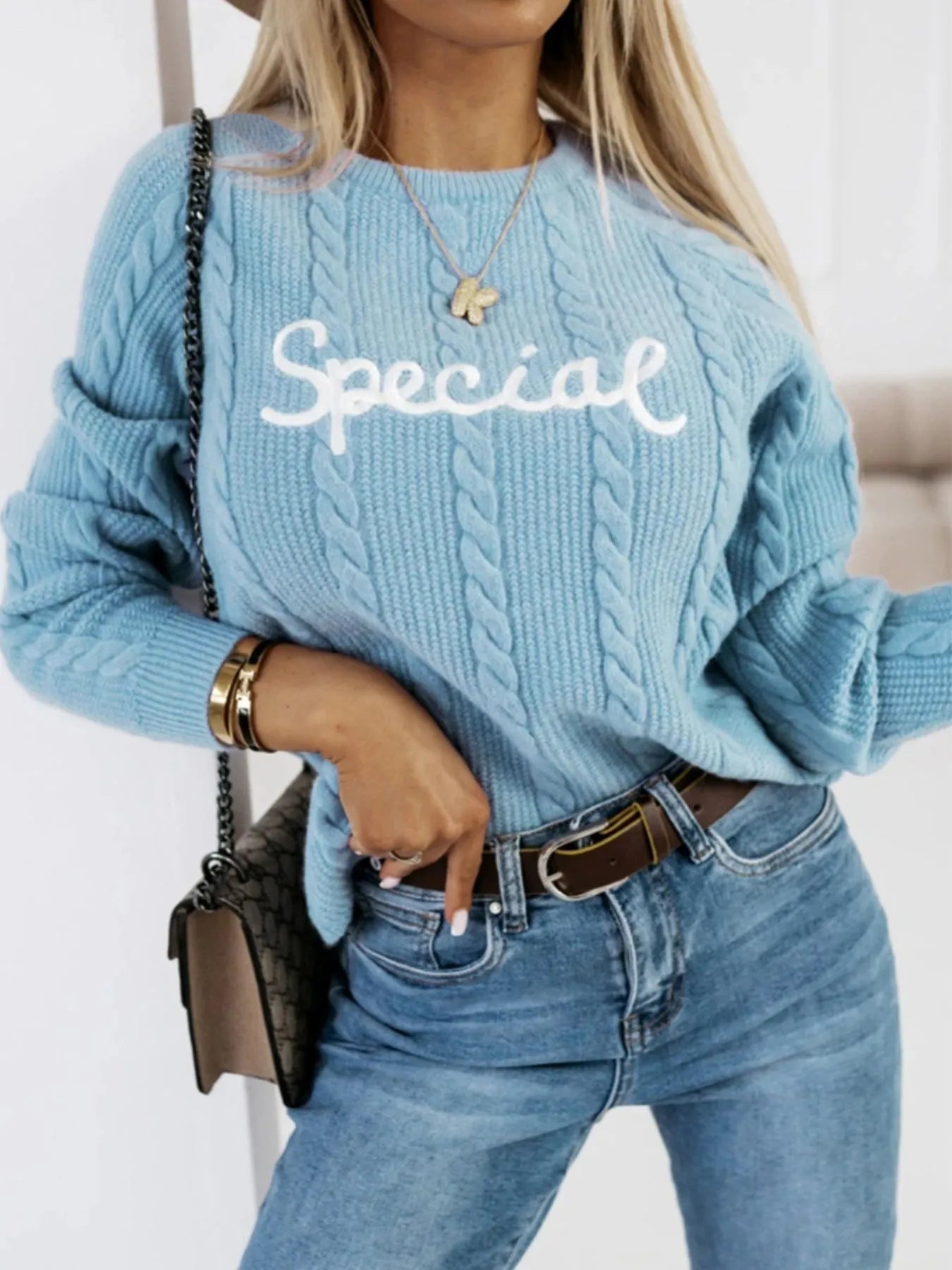 Blue leisure pullover sweater with embroidered letters text pattern crew neck street fashion style