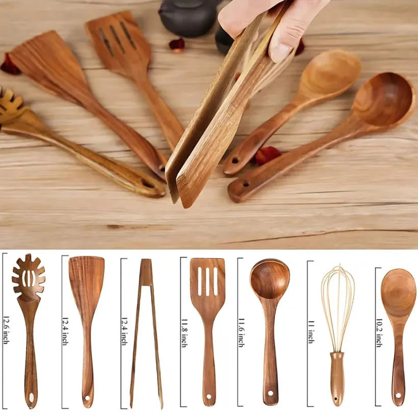 Wooden cooking utensils 7-piece set with non-slip handles for non-stick pans