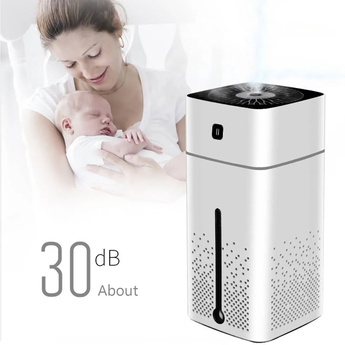 Black and white desktop humidifier with USB-C port, 1000ml water tank, showing compact size for office use.