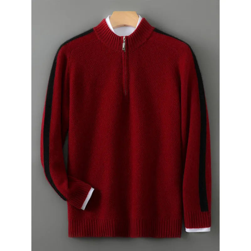 Slim fit grey sheep wool knitted sweater with a half-height zip and round neck on a hanger.