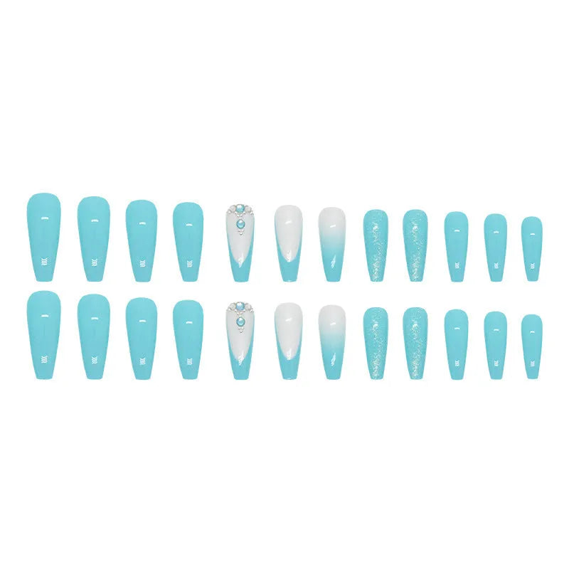 Long ballet false nails in smart blue diamond colour with adhesive glue