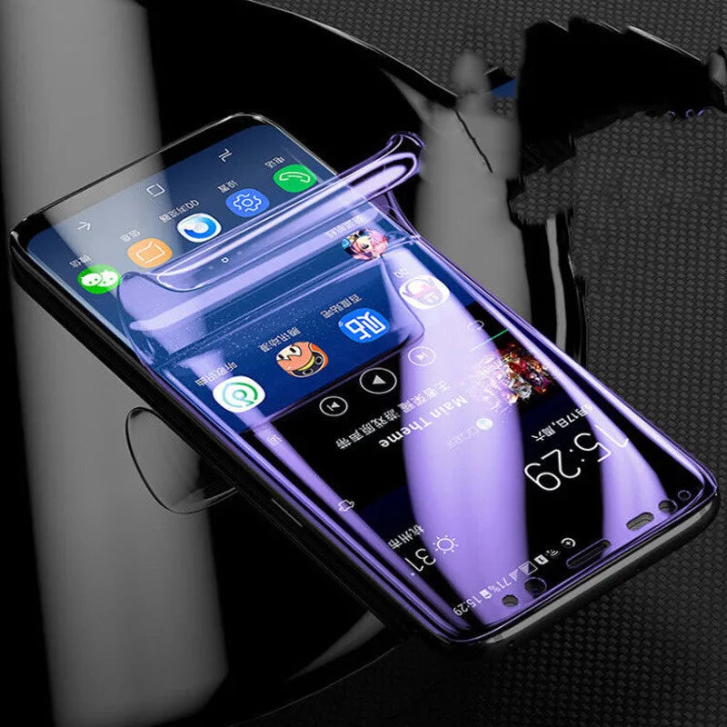 Purple curved hydrogel screen protector for Samsung Galaxy phones with matte finish