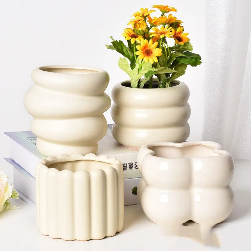 Roman column matt yellow ceramic flowerpot with self-absorbent water-saving design