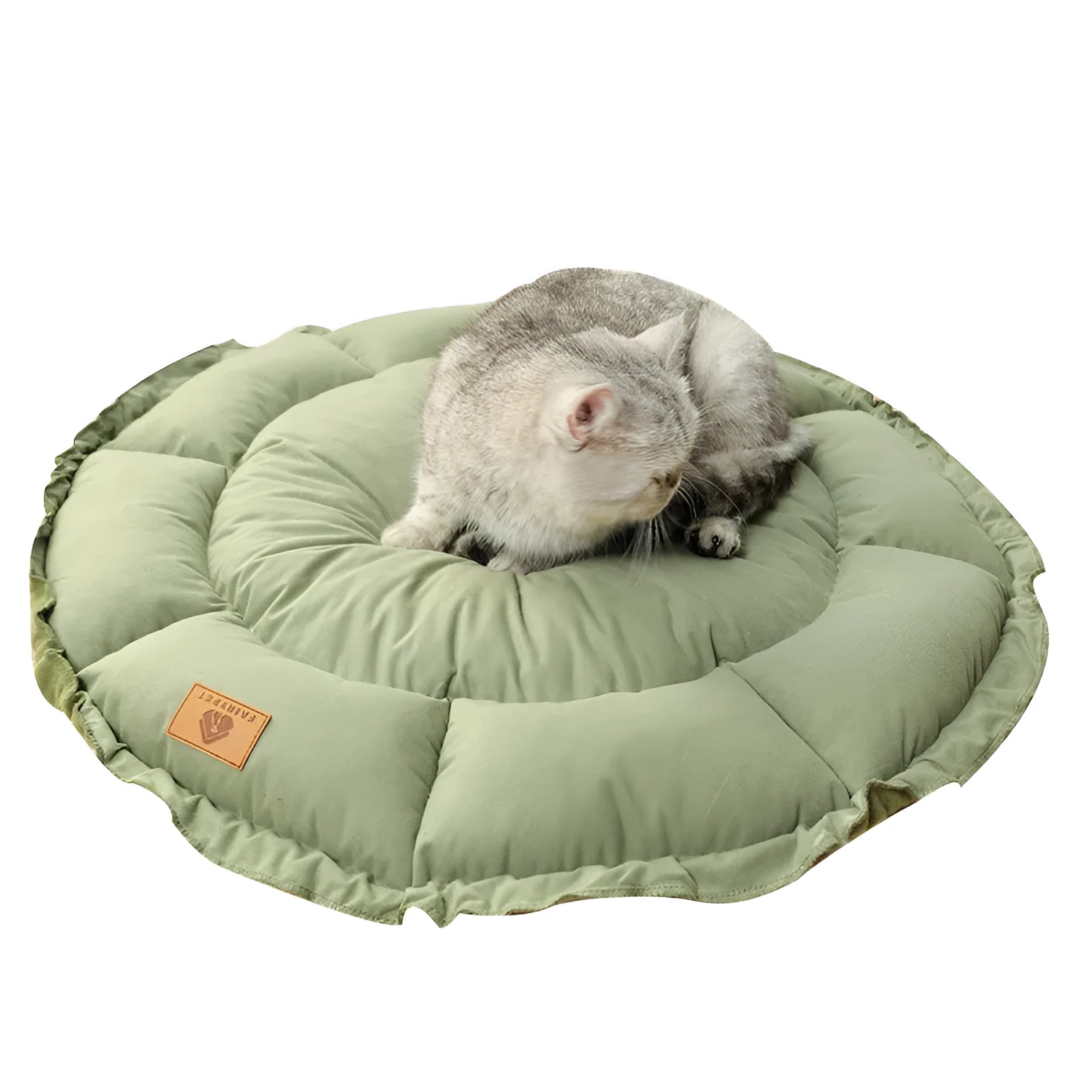 Grey and green reversible donut pet bed shown in small, medium, and large sizes for cats and small dogs
