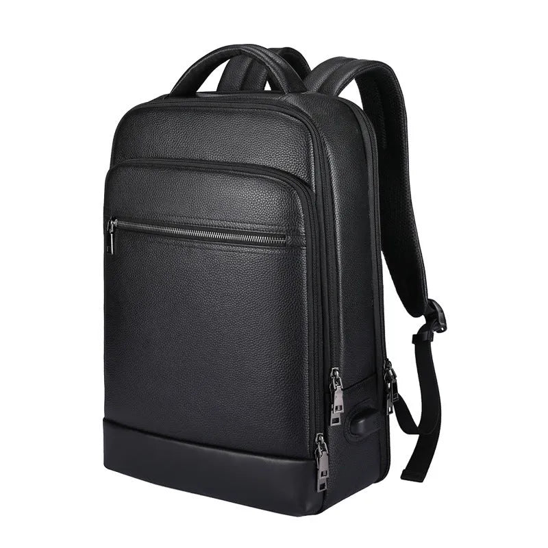 Black genuine leather men's business backpack with curved shoulder straps