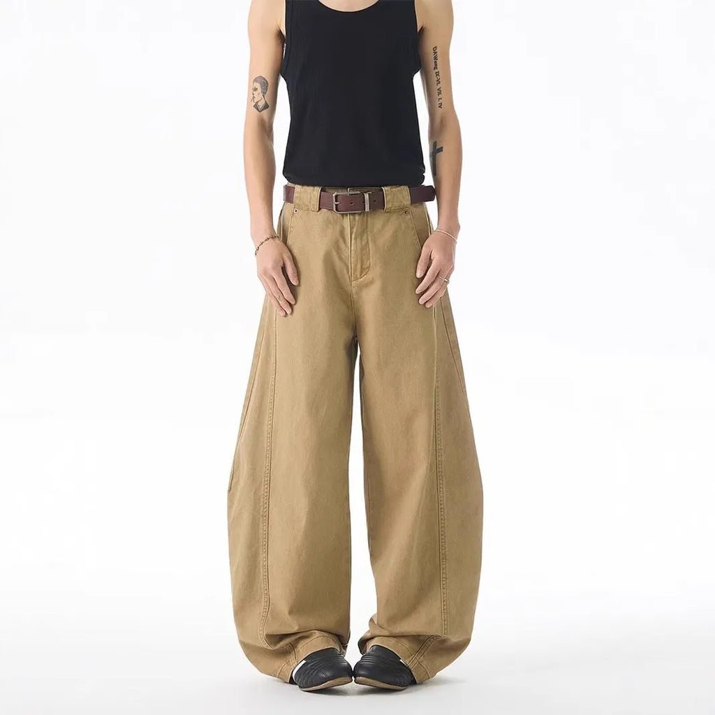 Brown Korean style loose fit men's casual jeans trousers with straight leg design