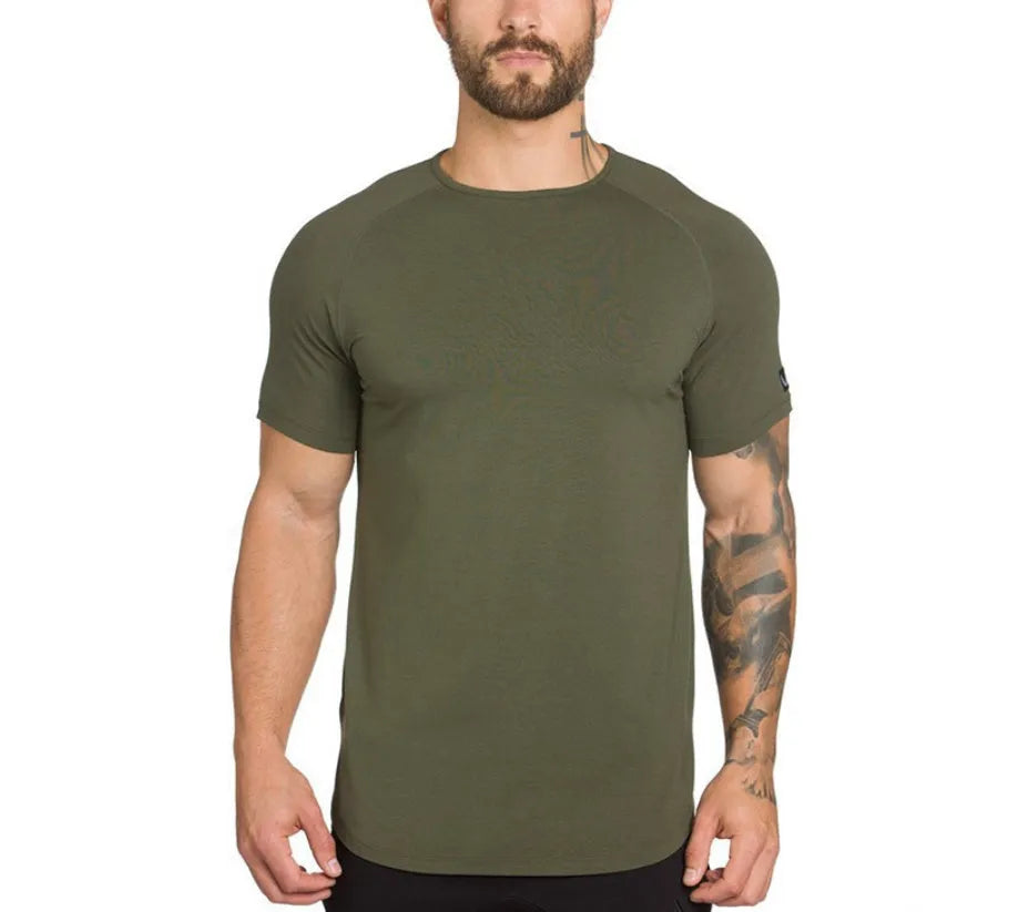 Mens plain green gym shirt and a black version with a white printed letter on the chest.