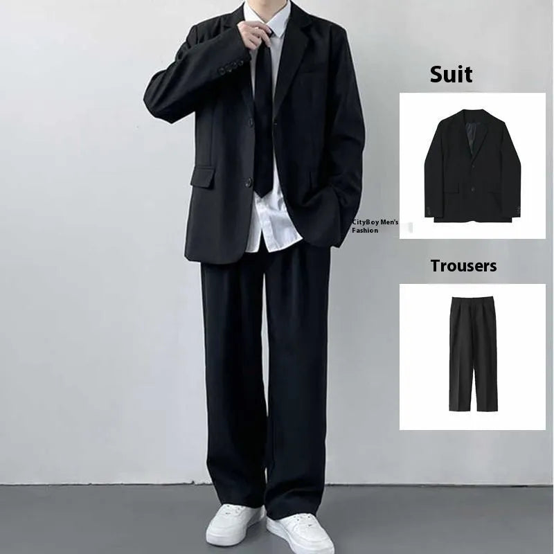 Men's plus size college style suit set including jacket, trousers, white shirt and tie in loose fit design