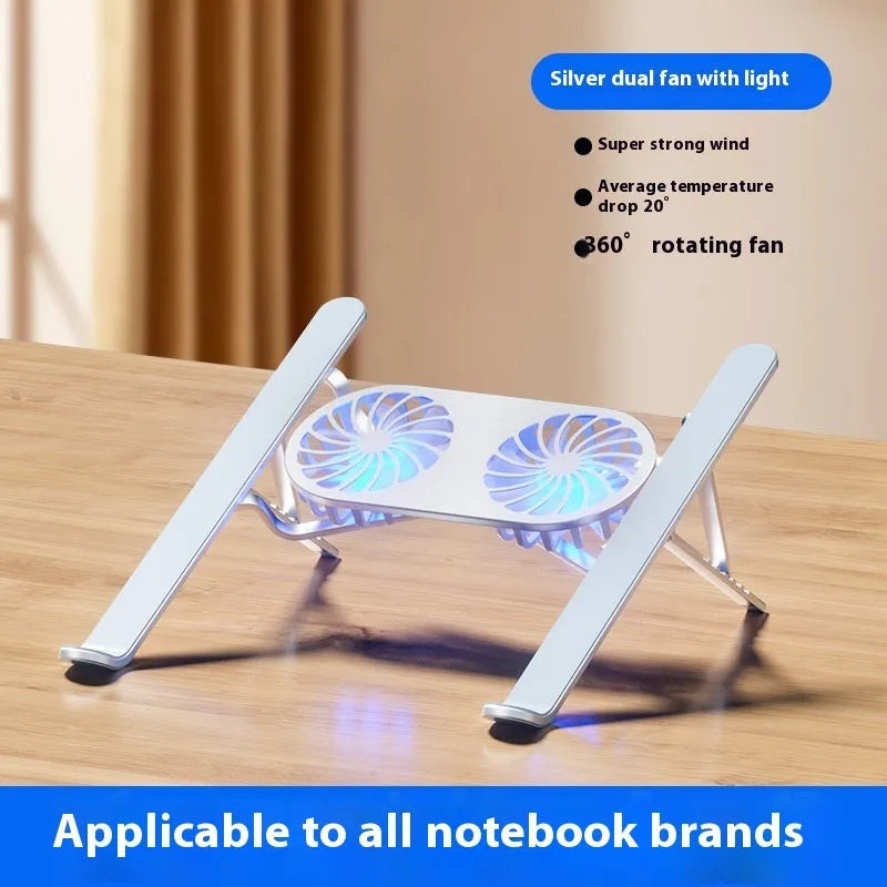 Silver aluminium laptop stand with twin cooling fans in folded and open positions