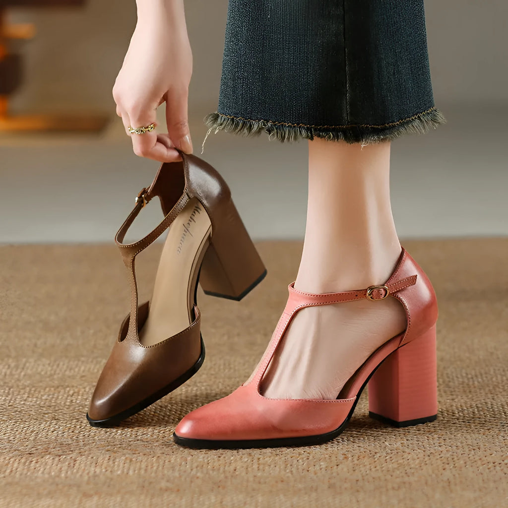 Baotou hollow women's retro pointed Mary Jane shoes in dark brown with buckle fastening