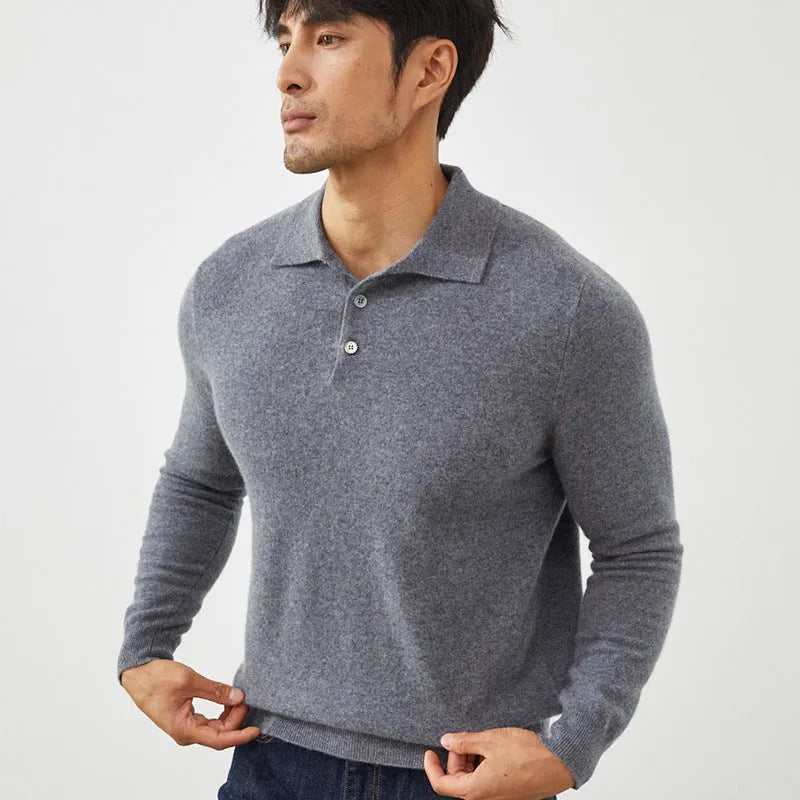 Men's cashmere polo collar pullover sweater in loose fit available in multiple colours
