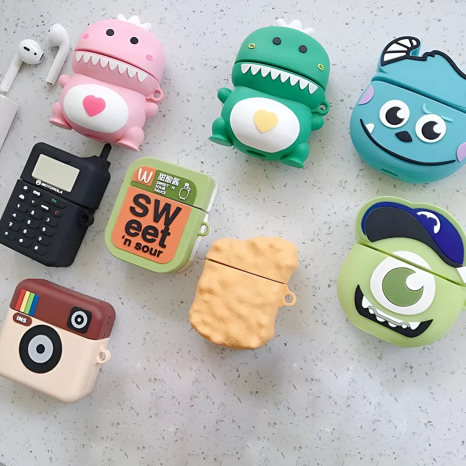 Silicone protective case with cartoon animal design compatible with Apple AirPods 1 and 2 in multiple colours