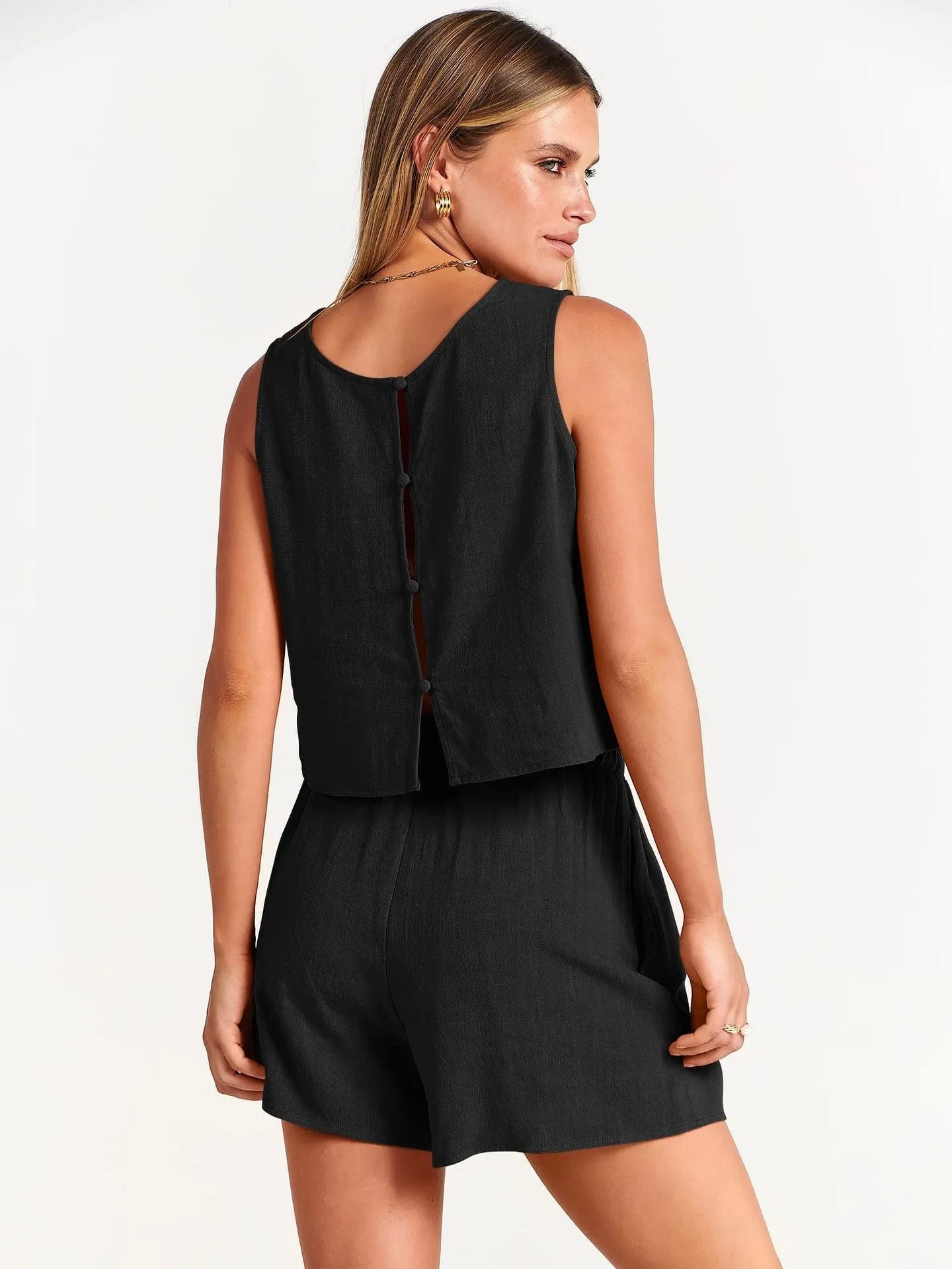 Women's summer two-piece set with sleeveless top and drawstring shorts in multiple colour options